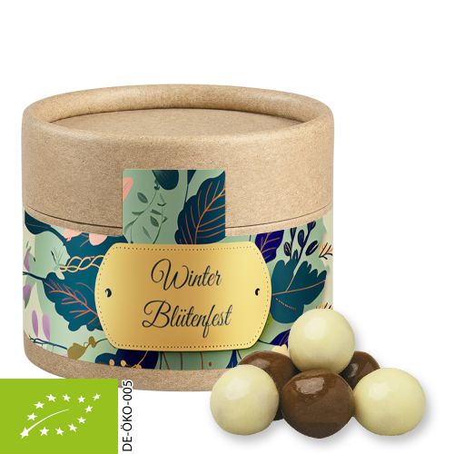 Organic choco crispy balls, ca. 25g, cardboard can mini with label