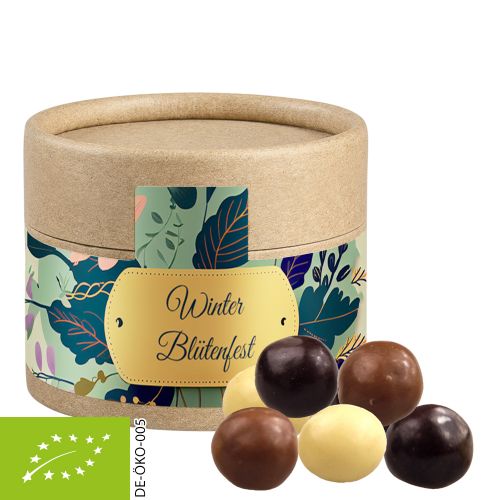 Organic choco crispy balls, ca. 25g, cardboard can mini with label