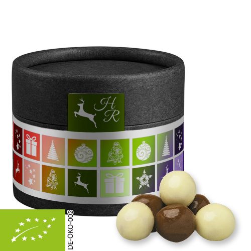 Organic choco crispy balls, ca. 25g, cardboard can mini black with label