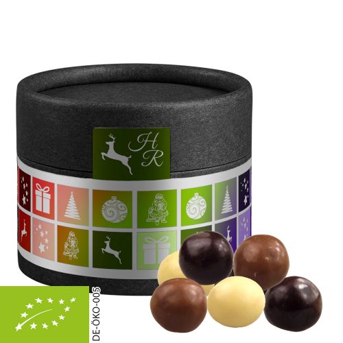 Organic choco crispy balls, ca. 25g, cardboard can mini black with label