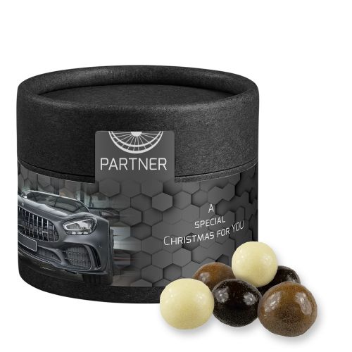 Choco crispy balls, ca. 25g, cardboard can mini black with label