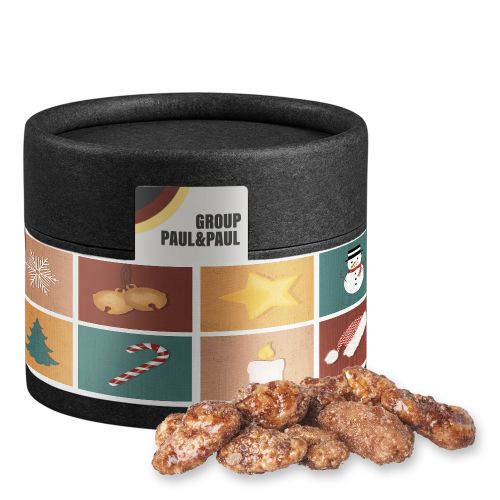 Burnt almonds, ca. 40g, biodegradable eco cardboard can mini black with label
