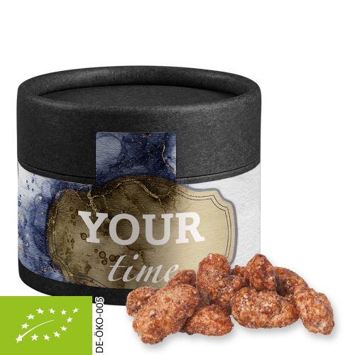 Organic burnt almonds, ca. 40g, cardboard can mini black with label