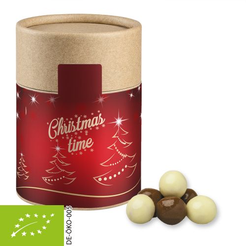Organic choco crispy balls, ca. 50g, cardboard can midi with label