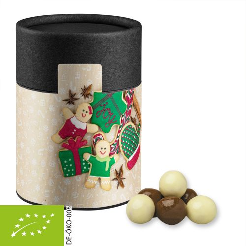 Organic choco crispy balls, ca. 50g, cardboard can midi black with label
