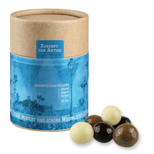 Choco crispy balls, ca. 50g, biodegradable eco cardboard can midi with label