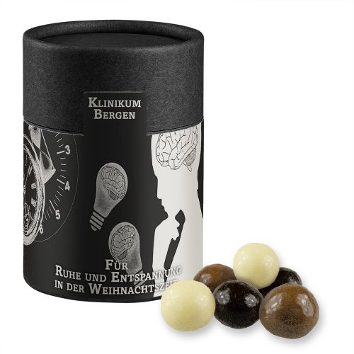 Choco crispy balls, ca. 50g, biodegradable eco cardboard can midi black with label
