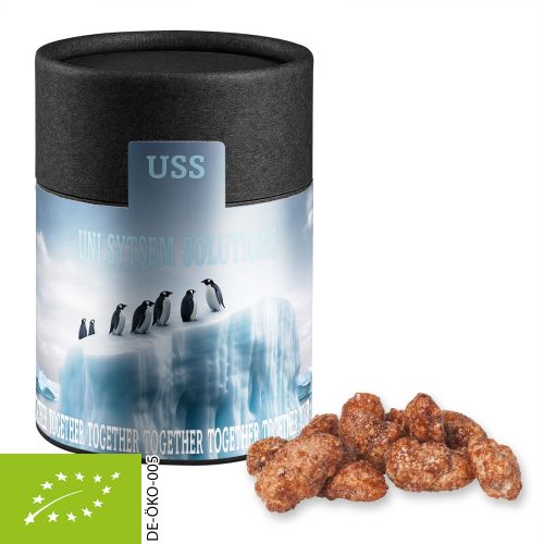 Organic burnt almonds, ca. 80g, cardboard can midi black with label