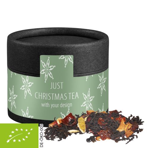 Organic Christmas black tea, ca. 25g, biodegradable eco cardboard can mini black with label