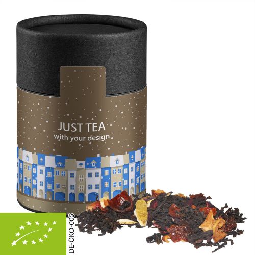 Organic Christmas black tea, ca. 60g, biodegradable eco cardboard can midi black with label