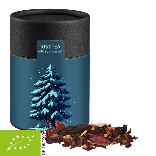 Organic Christmas fruit tea, ca. 60g, biodegradable eco cardboard can midi black with label