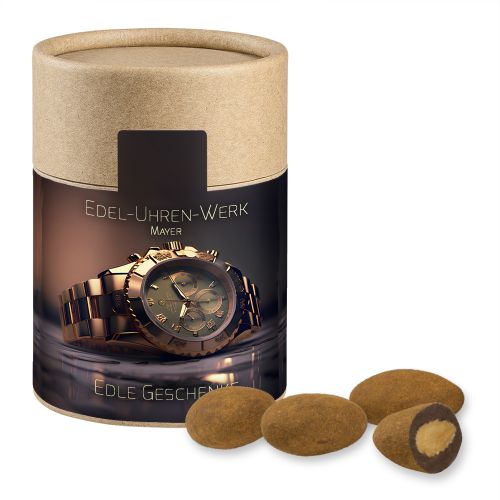 Chocolate almonds with cinnamon, ca. 80g, biodegradable eco cardboard can midi with label