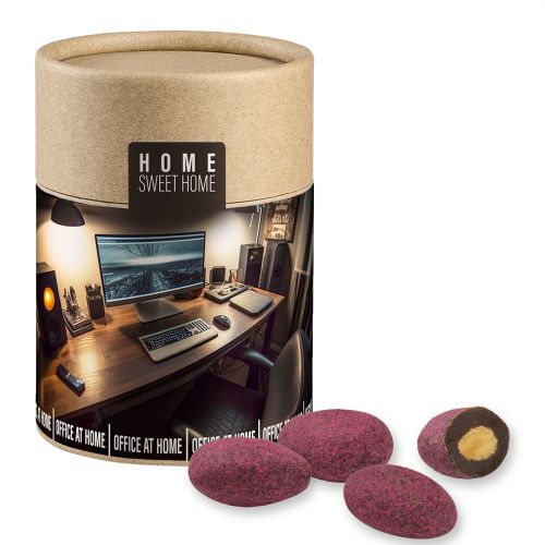 Bittersweet cocoa raspberry almonds, ca. 80g, cardboard can midi with label