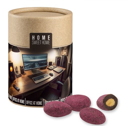 Bittersweet cocoa raspberry almonds, ca. 80g, biodegradable eco cardboard can midi with label