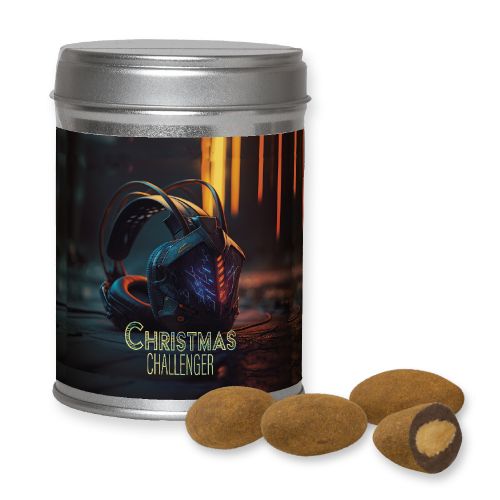 Chocolate almonds with cinnamon, ca. 100g, dual tin with label