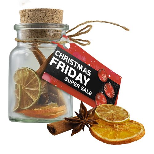 Fragrance decoration, ca. 15g, cork glass with advertising card with advertising card
