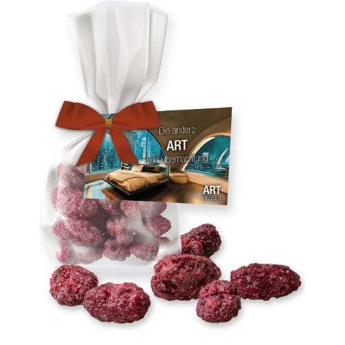 Roasted almonds raspberry, ca. 30g, express flat bag with advertising card