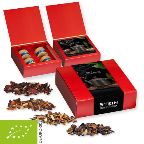 Various Christmas tea sorts organic and non organic, ca. 120g, express gift set premium with 4 biodegradable eco cardboard can mini with print
