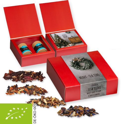 Various Christmas tea sorts organic and non organic, ca. 120g, express gift set premium with 2 biodegradable eco cardboard can midi with print