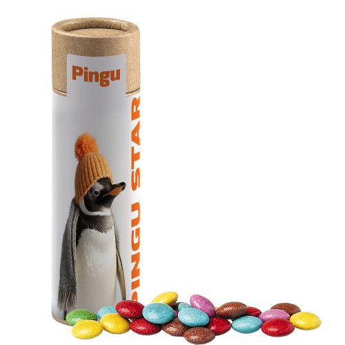 Coloured chocolate lentils, ca. 30g, cardboard tube with label