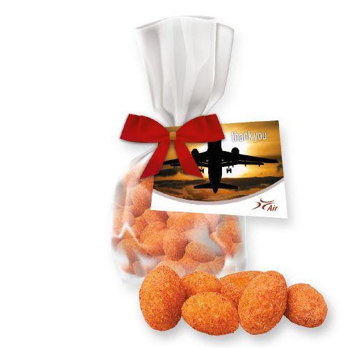 Chili peanuts , ca. 25g, express flat bag with bow with advertising card