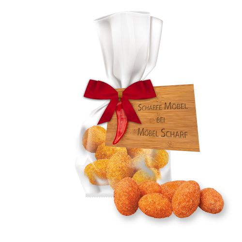 Chili peanuts , ca. 25g, express flat bag with bow with advertising card
