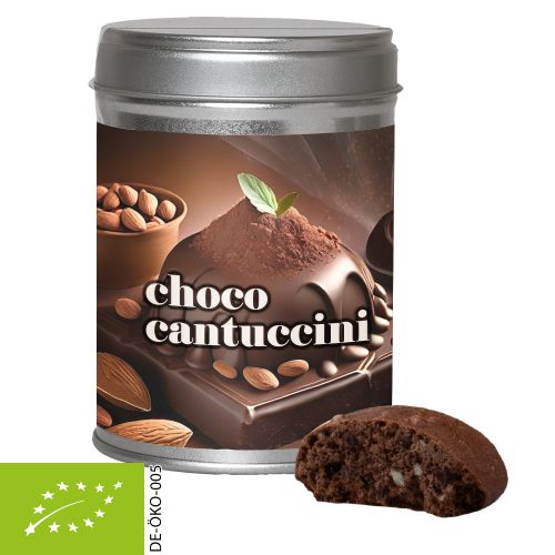 Organic choco cantuccini, ca. 50g, dual tin with label