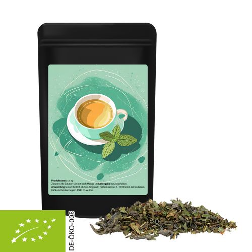 Organic green tea with mint, ca. 12g, mini stand up pouch black with label