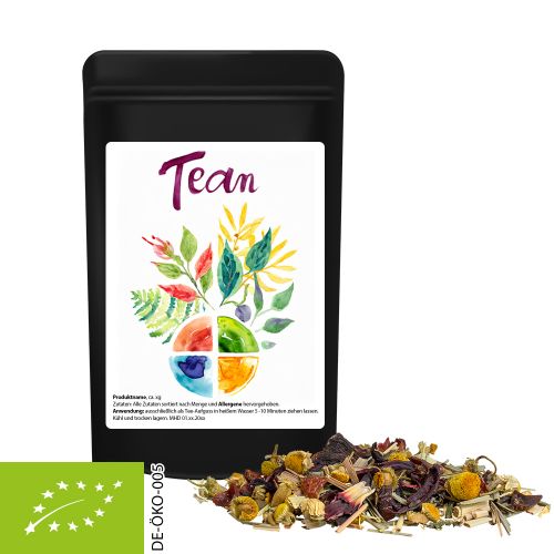 Organic herbal tea four seasons, ca. 10g, mini stand up pouch black with label