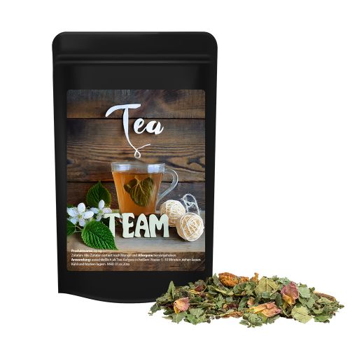 Organic herbal tea happiness, ca. 15g, mini stand up pouch black with label