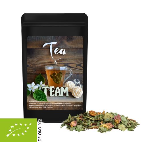 Organic herbal tea happiness, ca. 15g, mini stand up pouch black with label