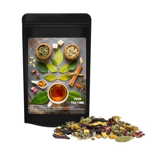 Ayurveda relax tea, ca. 20g, mini stand up pouch black with label