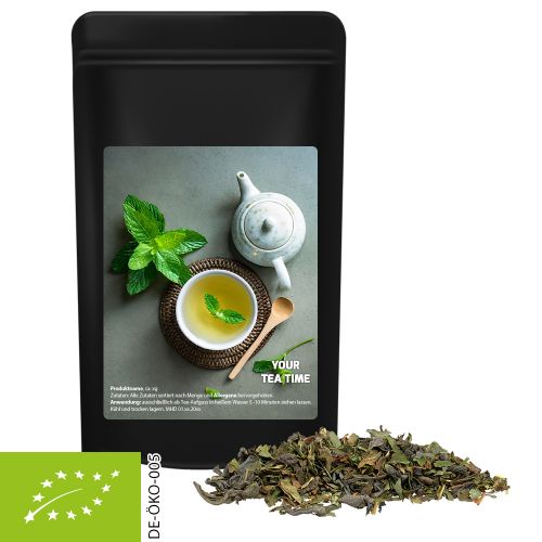Organic green tea with mint, ca. 30g, midi stand up pouch black with label