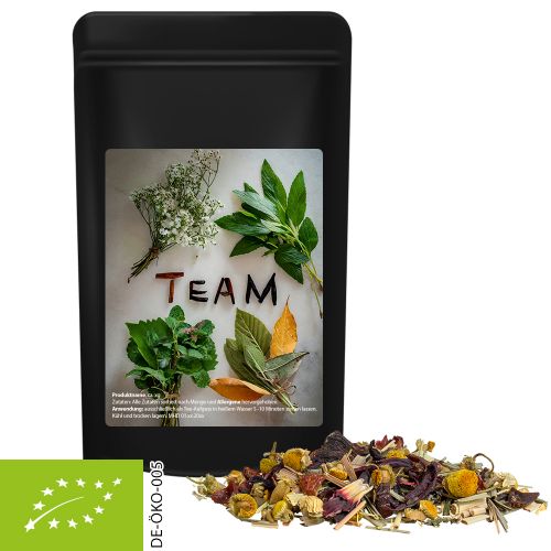 Organic herbal tea four seasons, ca. 30g, midi stand up pouch black with label