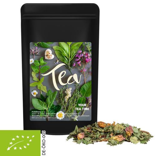 Organic herbal tea happiness, ca. 35g, midi stand up pouch black with label