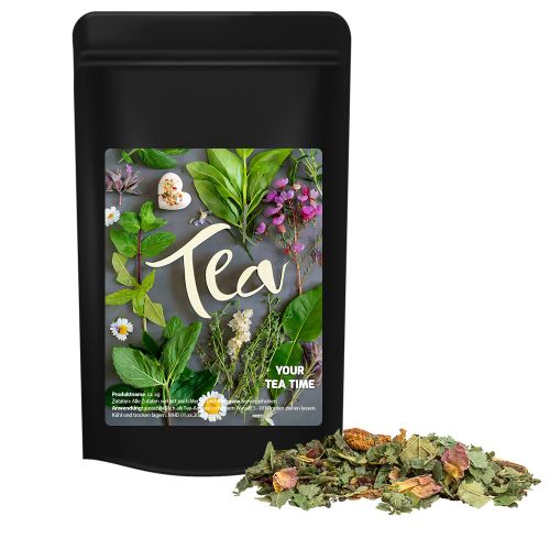 Organic herbal tea happiness, ca. 35g, midi stand up pouch black with label