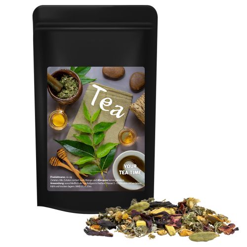 Ayurveda relax tea, ca. 50g, midi stand up pouch black with label