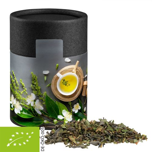Organic green tea with mint, ca. 30g, cardboard can midi black with label