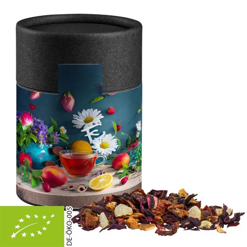 Organic fruit tea good mood, ca. 50g, cardboard can midi black with label