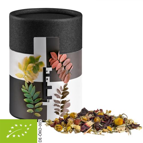 Organic herbal tea four seasons, ca. 25g, cardboard can midi black with label