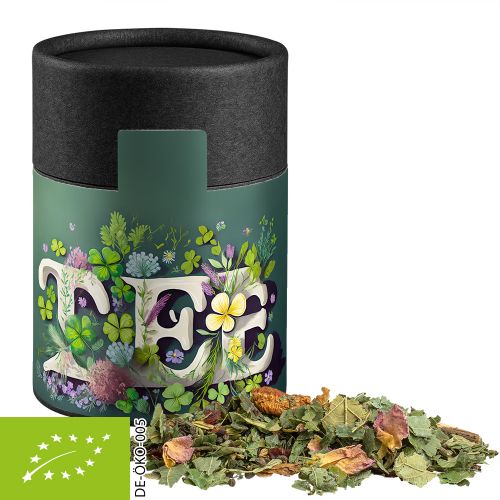 Organic herbal tea happiness, ca. 30g, cardboard can midi black with label