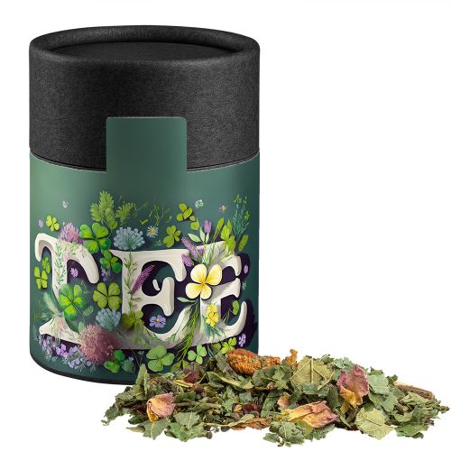 Organic herbal tea happiness, ca. 30g, cardboard can midi black with label