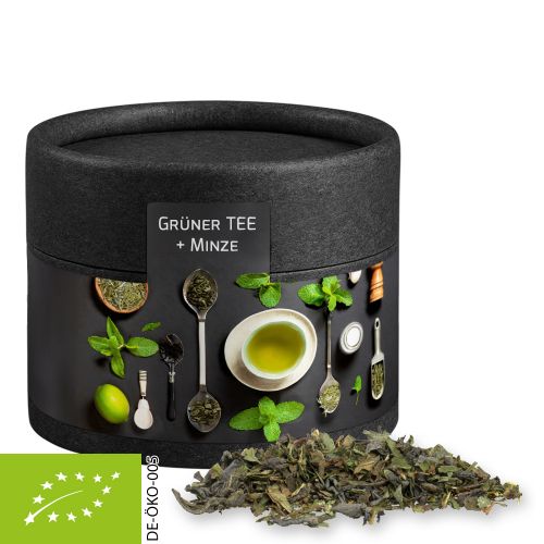 Organic green tea with mint, ca. 10g, cardboard can mini black with label