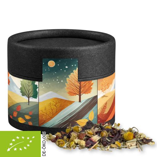 Organic herbal tea four seasons, ca. 9g, cardboard can mini black with label