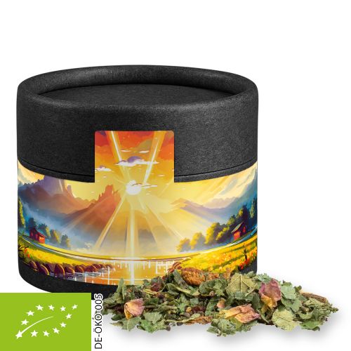 Organic herbal tea happiness, ca. 10g, cardboard can mini black with label