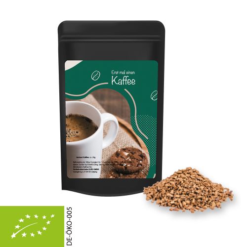Organic instant coffee, ca. 20g, mini stand up pouch black with label