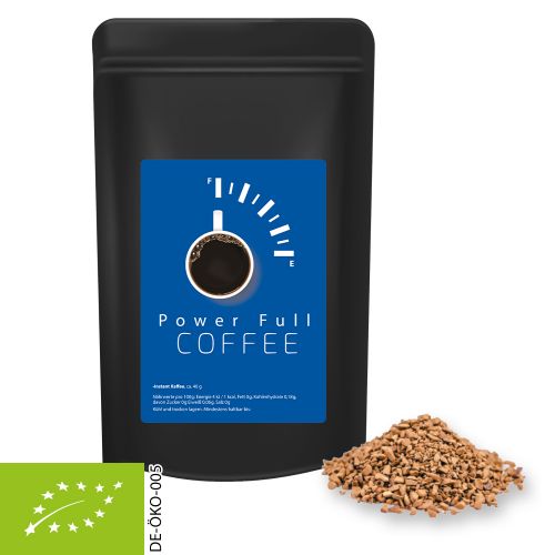 Organic instant coffee, ca. 35g, midi stand up pouch black with label