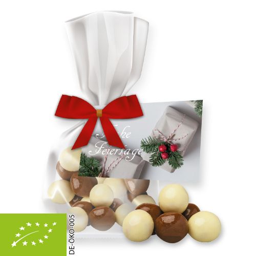 Organic choco crispy balls, ca. 30g, express flat bag maxi with bow with advertising card