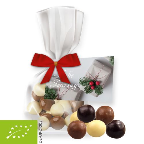 Organic choco crispy balls, ca. 30g, express flat bag maxi with bow with advertising card