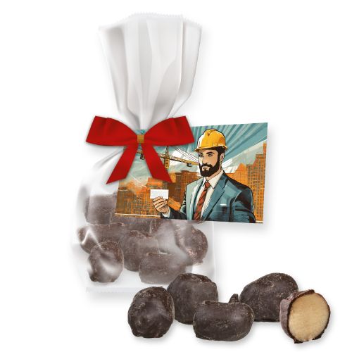 Fine marzipan with dark chocolate, 35g, express flat bag with bow with advertising card